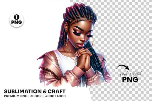 Braided Hair Black Woman Praying PNG for T-Shirt Designs
